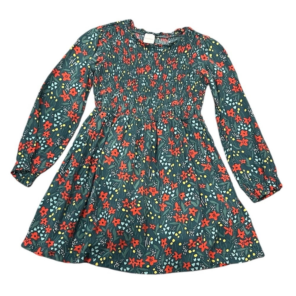 Hanna Anderson celebration green floral long sleeve skater dress size 10